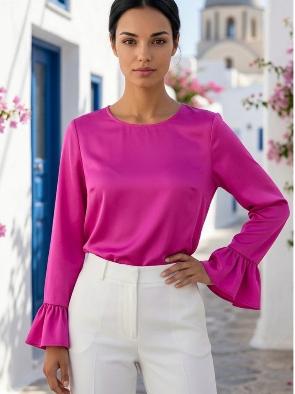 J. Crew Fuchsia Long-Sleeve Blouse with Ruffle Cuffs NWT